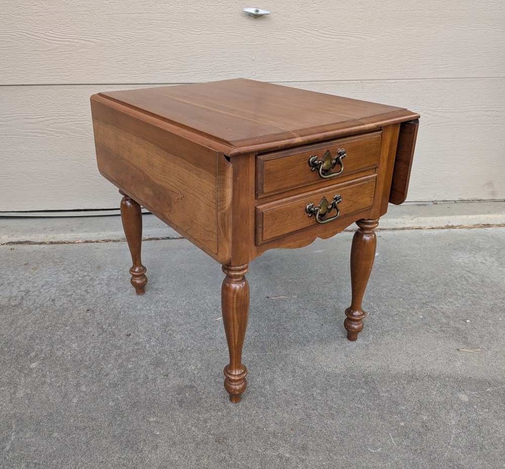 Vintage Rustic Country Colonial Solid Cherry Wood Drop Leaf 2-Drawer End Table A