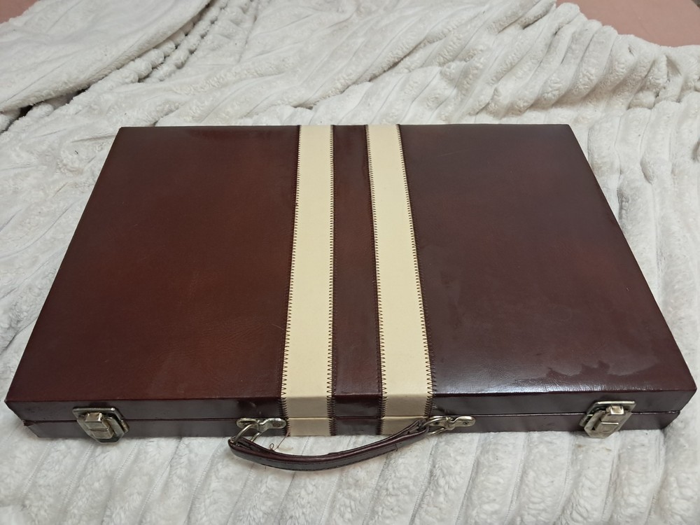 Bakelite Backgammom Gaming Set Complete Leather Bound Stitched