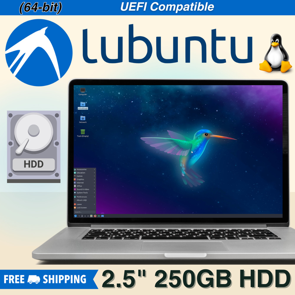 Lubuntu 64-Bit 250GB 2.5" HDD | Lightweight Linux OS | Latest Version | UEFI