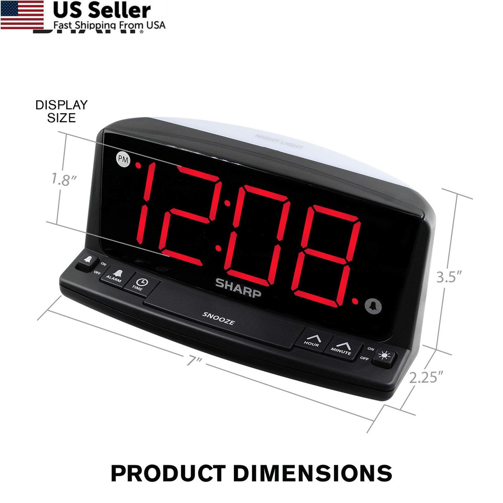 Sharp LED Digital Alarm Clock – Simple Operation - Large, Black - Red Led
