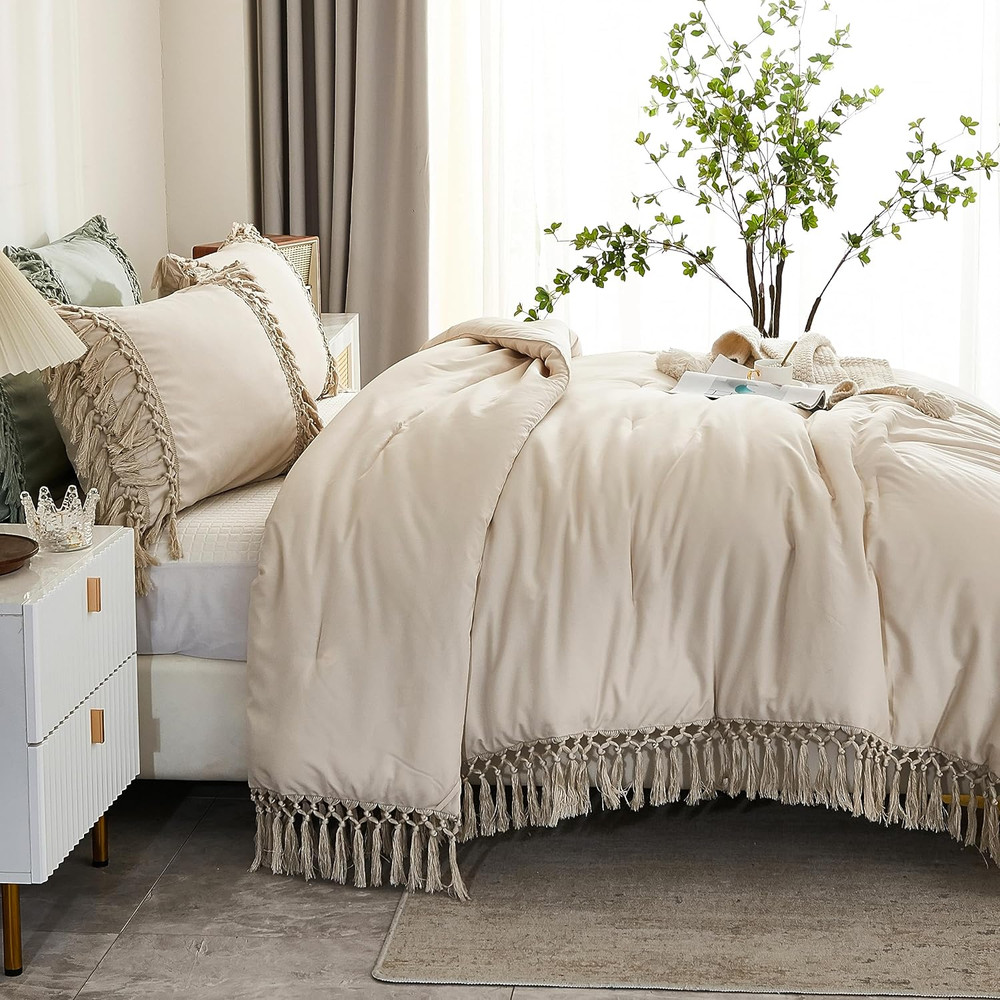 King Size Comforter Set Beige, 3 Pieces Boho Tassel Lightweight Soft Bedding Com