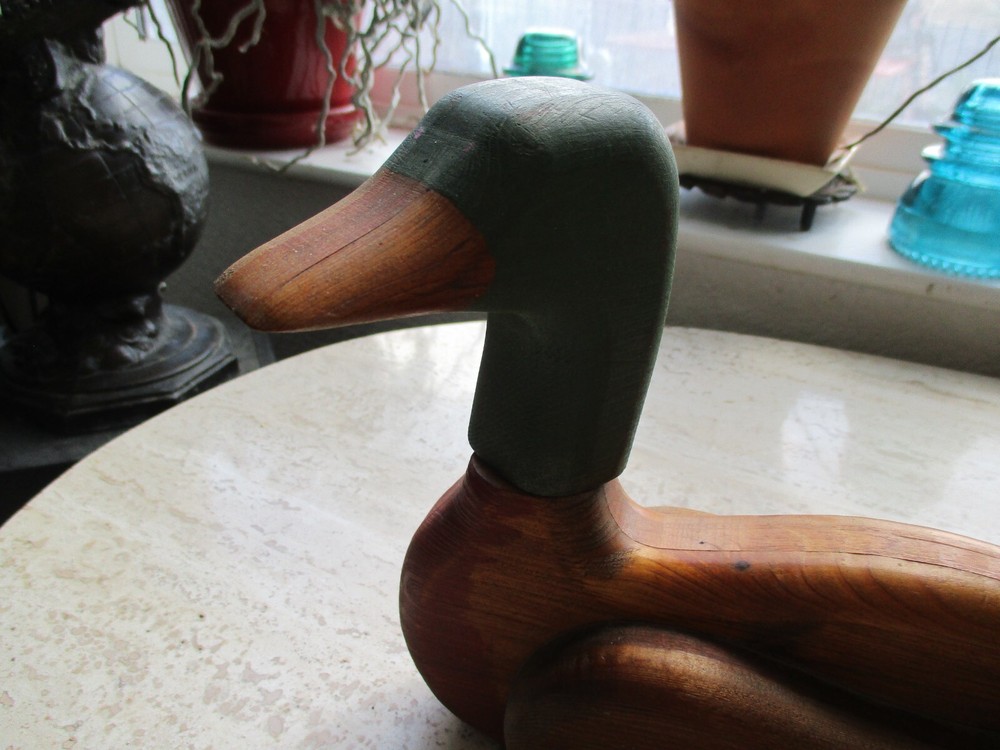 Vintage Mallard (?) duck decoy, unknown origin, signed, 11"x7"x3", primitive