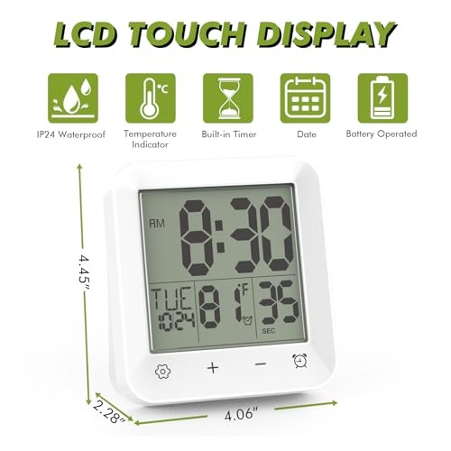Digital Shower Clock Waterproof, Bathroom Wall Clock Timer with Touch Screen,