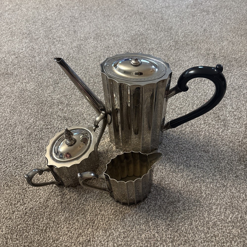 Godinger Silver plated Tea kettle set Black handles vintage