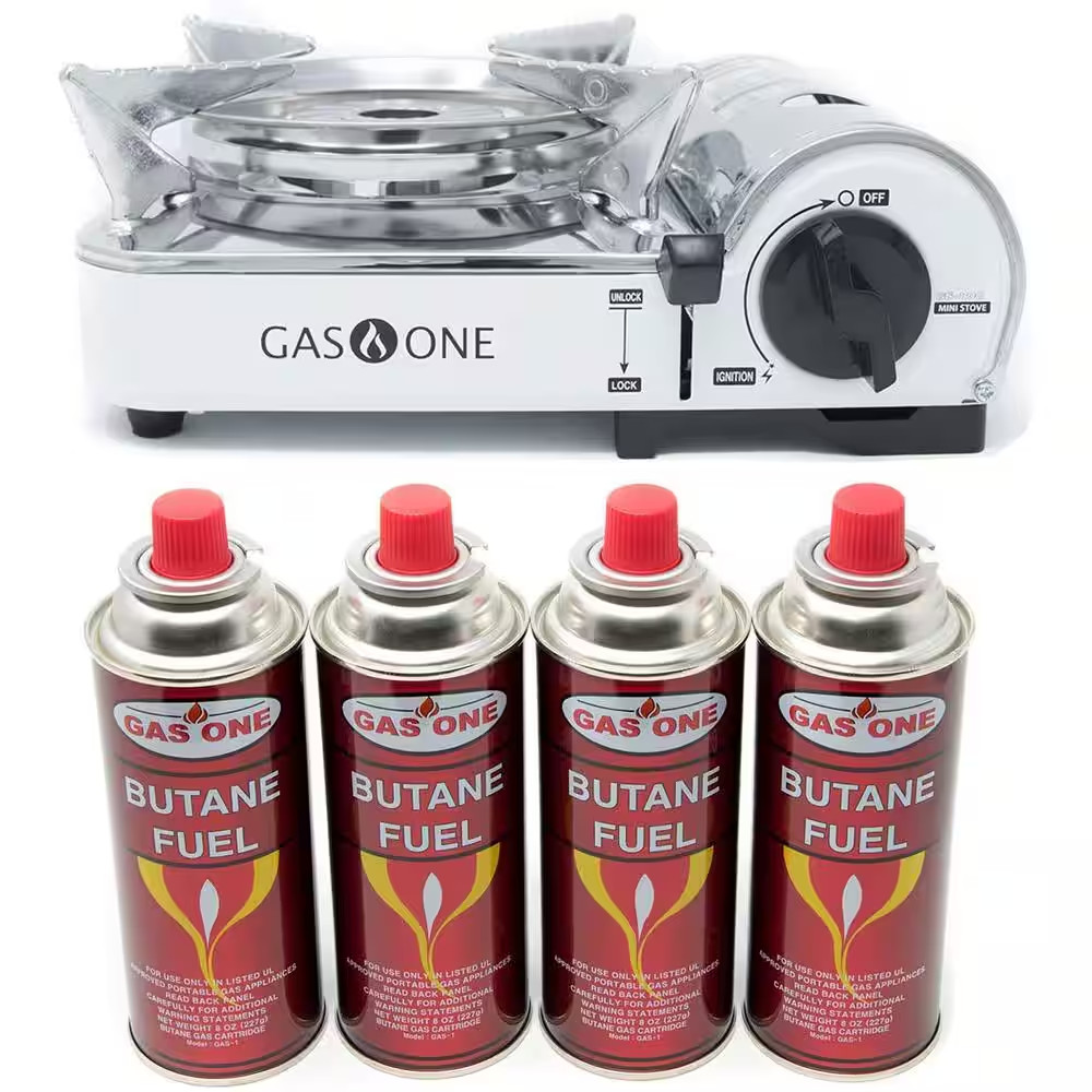Mini Camp Stove and Butane Fuel (4-Piece Bundle)