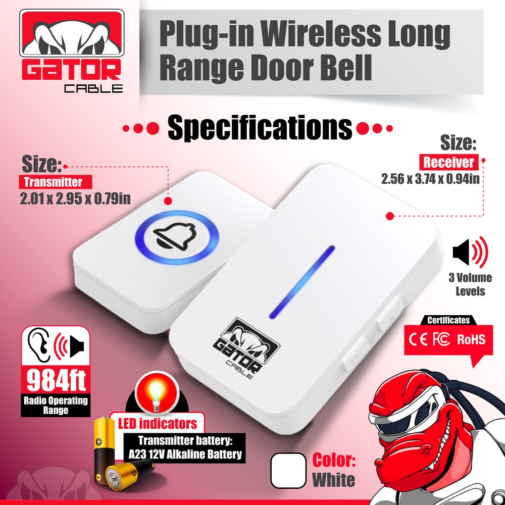 Wireless Doorbell Chime Waterproof Plugin Receiver Adjustable Volume 1000FT LOUD