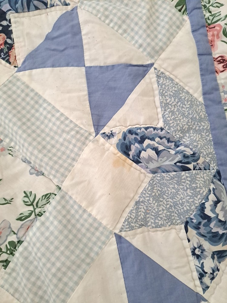 Handmade Star & Floral Pattern Blue Patchwork Quilt