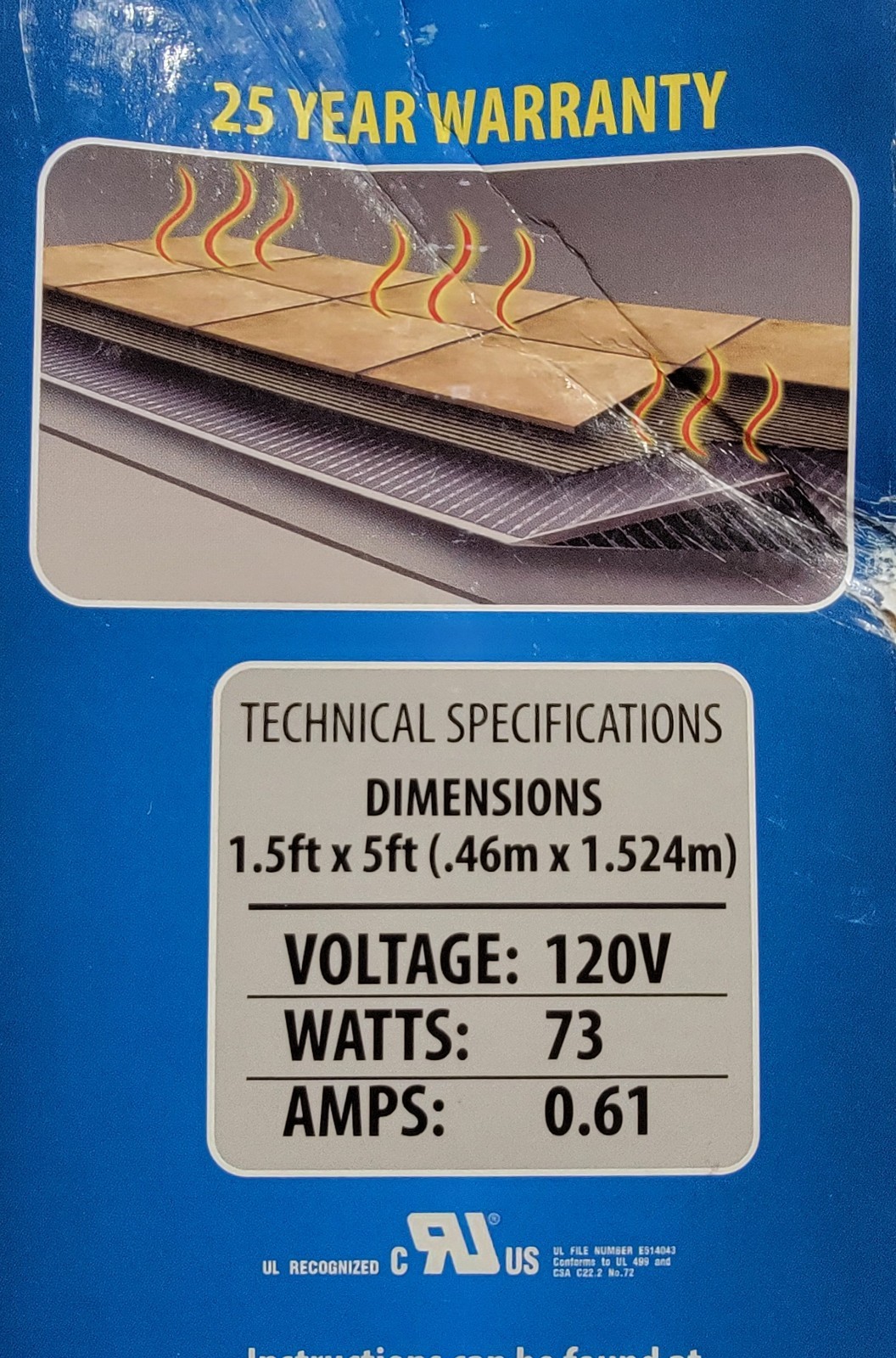 QuietWarmth 120V Radiant Heat Film For Tile 18”x5’ Underfloor Heating