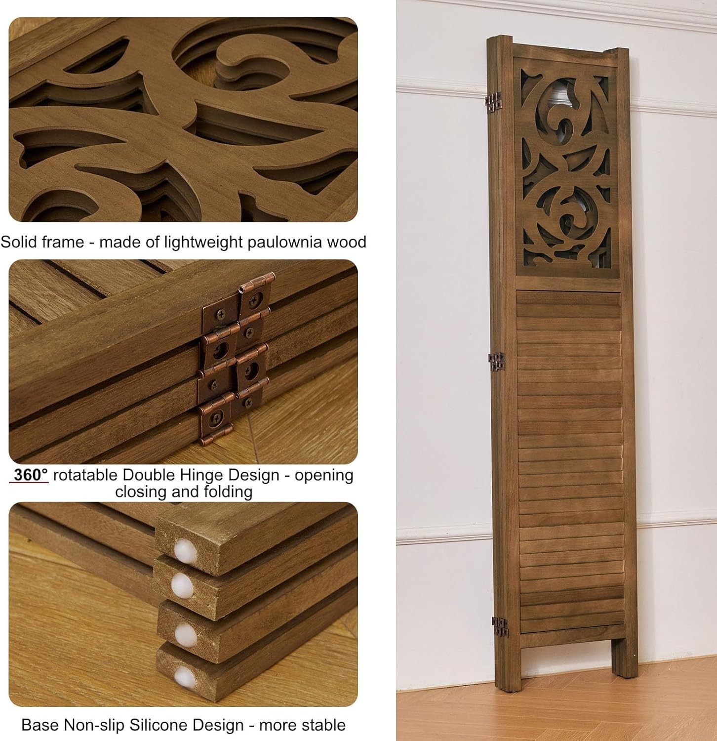 Folding Room Divider, 5.6Ft 4 Panels Wood Carved Privacy Screens,Partition