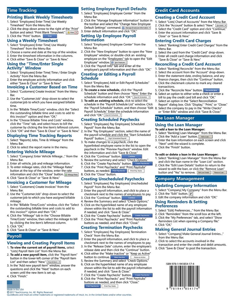 QuickBooks Pro 2018 Training Guide Quick Reference Card 4 Page Cheat Sheet