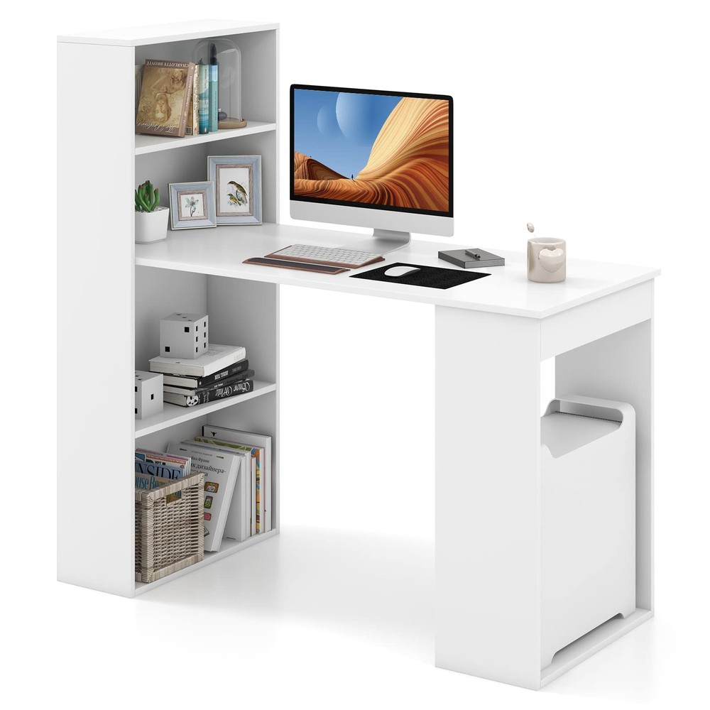 White Computer Desk with 6-Tier Storage Shelves Reversible Study Table CPU Stand