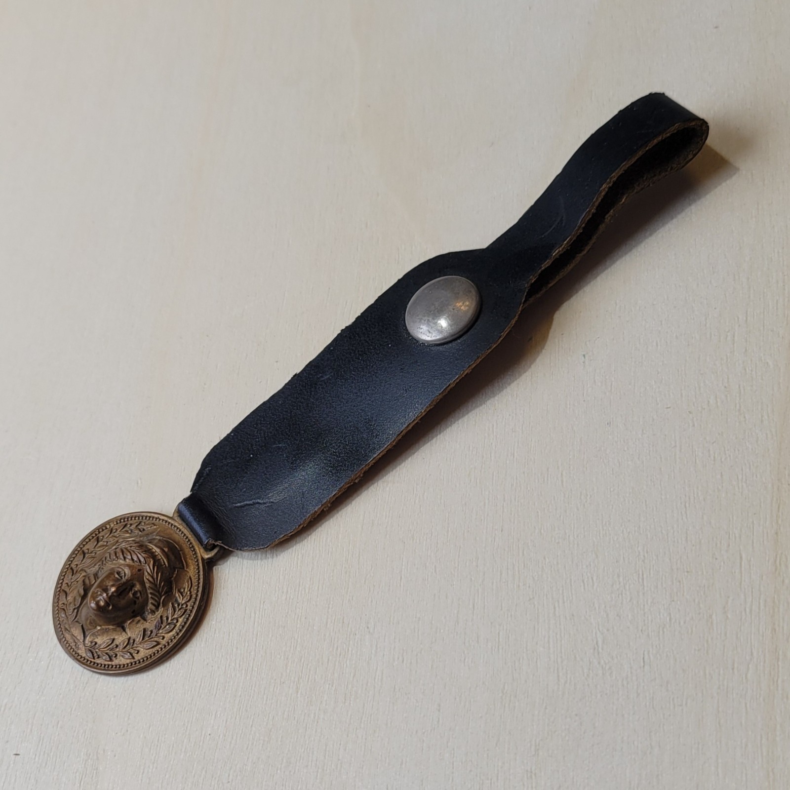 Antique Lady Liberty Woman Head Relief Pop Out Bronze Medal Fob Leather Strap