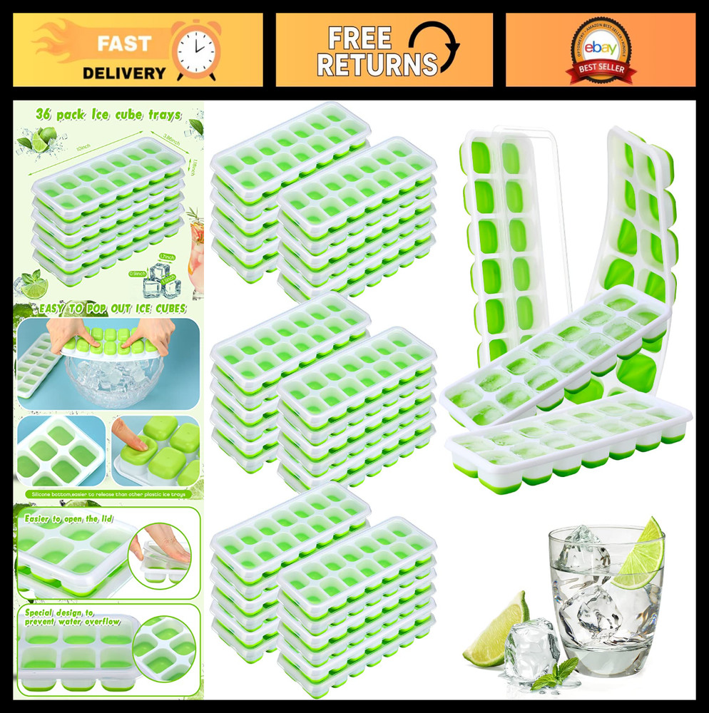 36 Pack Silicone Ice Cube Trays - Flexible Stackable Molds with Lid for Drinks &