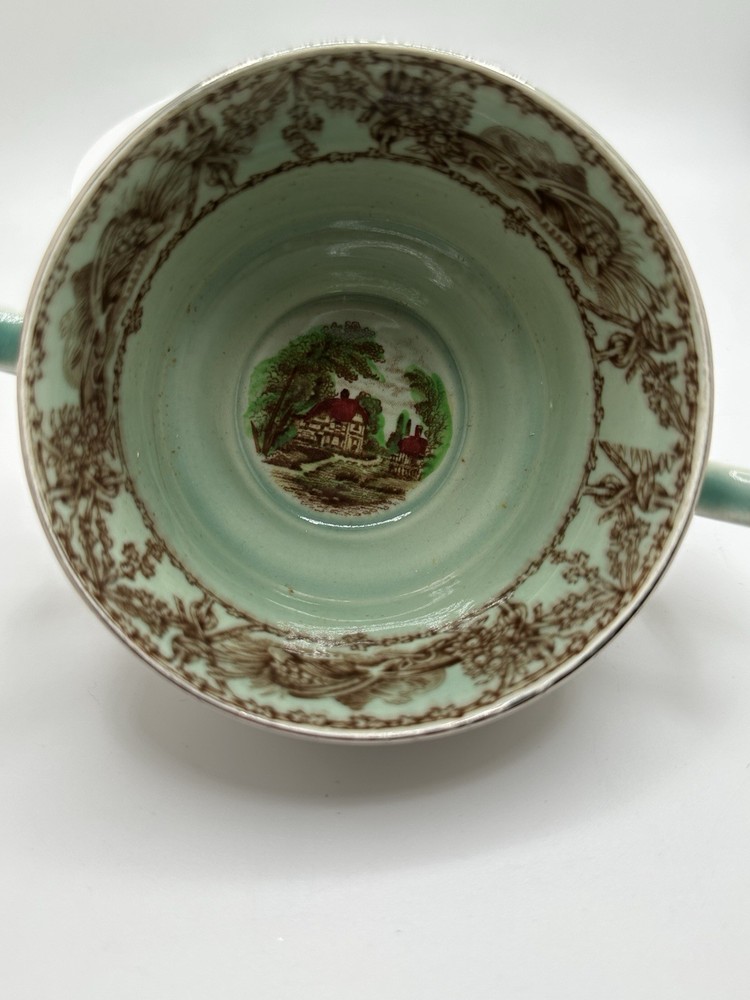 Rare Silver Overlay Pastoral Scene Poly Brown Transferware Cup