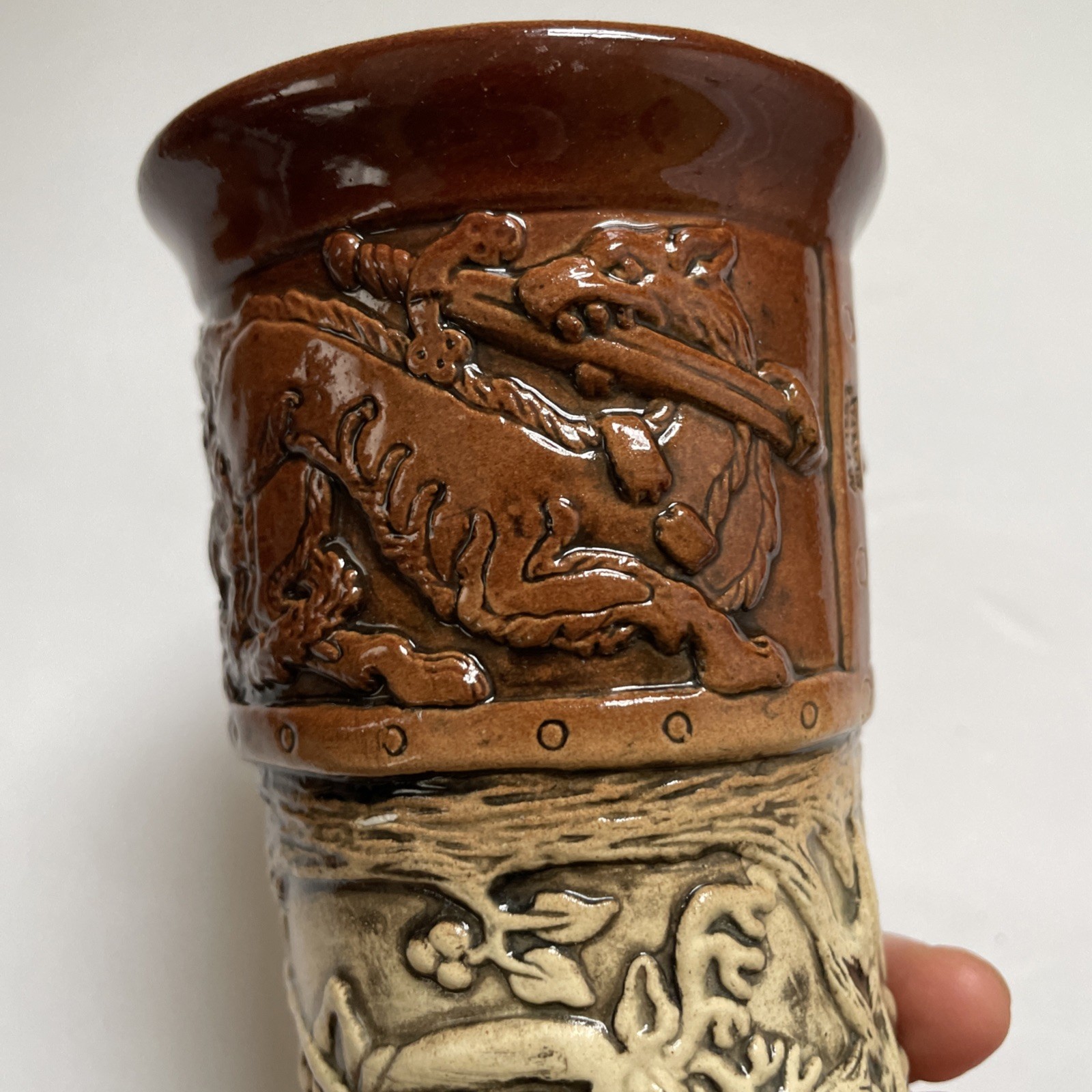 Horn Of CuChulainn German Drinking Horn Ceramic Raised Relief Irish Hero