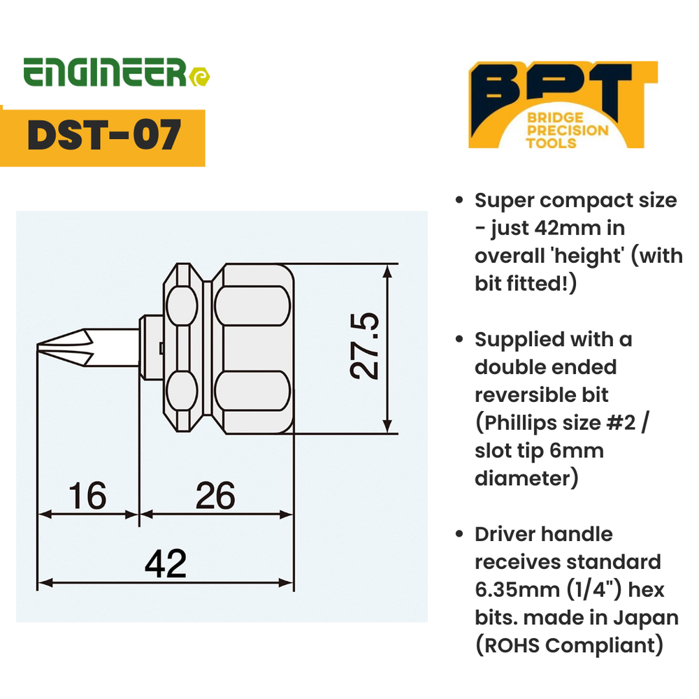 ENGINEER DST-07 Micro Stubby Reversible Screwdriver, Made In Japan
