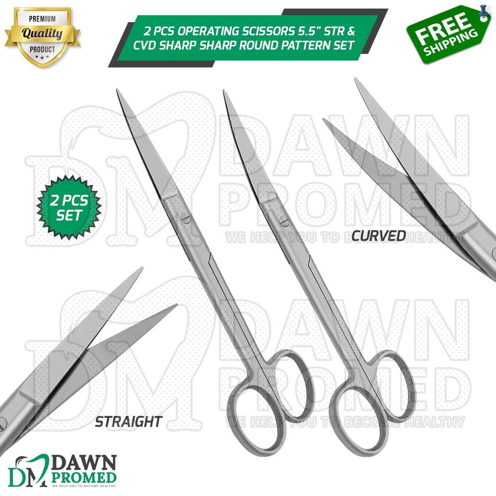 2 Pcs Operating Scissors 5.5" Straight & Curved Sharp Sharp Round Pattern Set