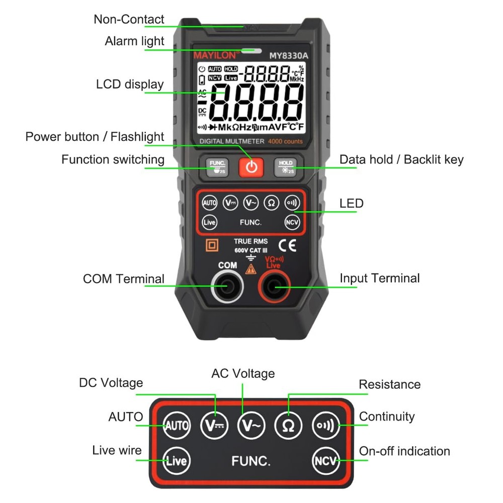 Digital Multimeter TRMS 4000 Counts DC AC Voltage MY8300A, black