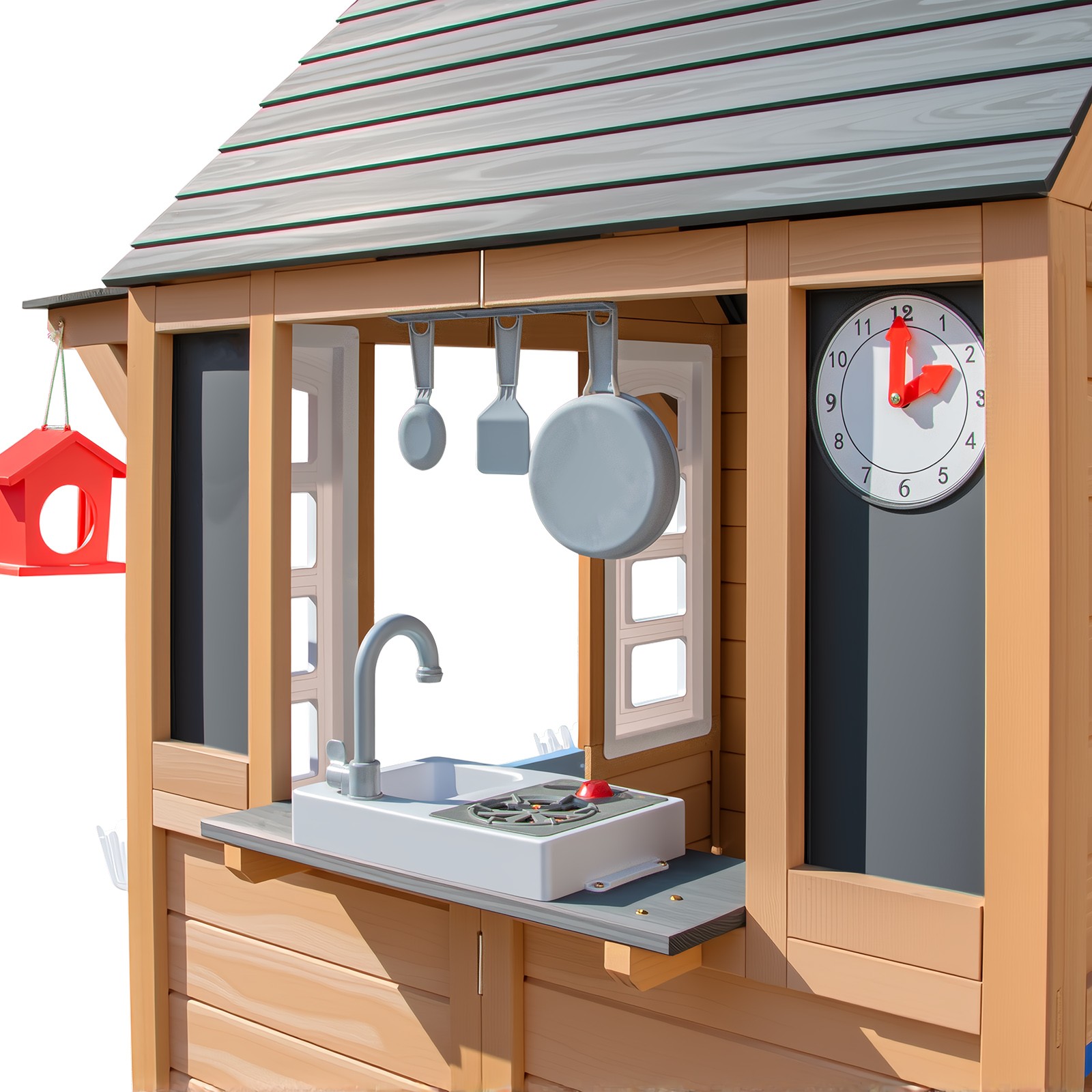 Kids Wooden Playhouse Cottage w/Bench,Play Kitchen,Chalkboard,Flowerpot,Birdcage