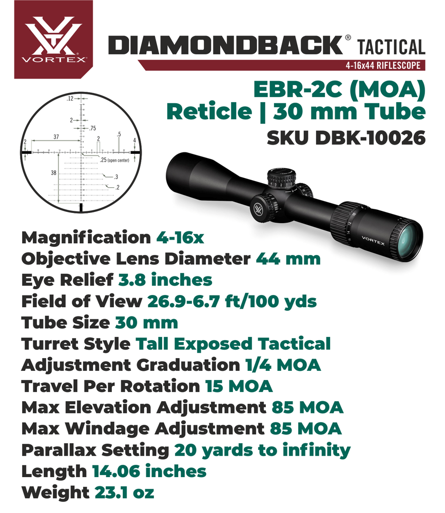 Vortex Optics Diamondback 4-16x44 FFP Riflescope EBR-2C MOA with Free Hat Bundle