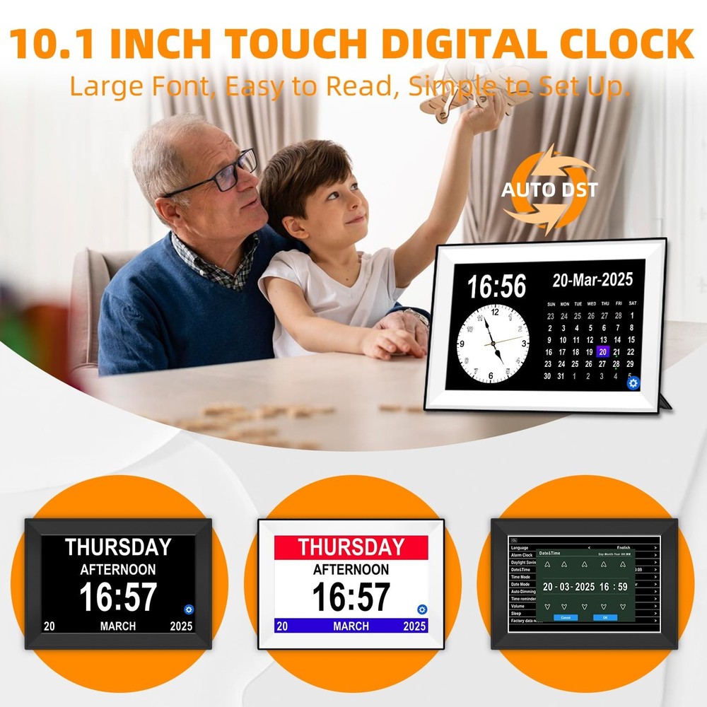 Jazeyeah10.1 Touch Screen Extra Large Digital Clock with Date and Day for Eld...