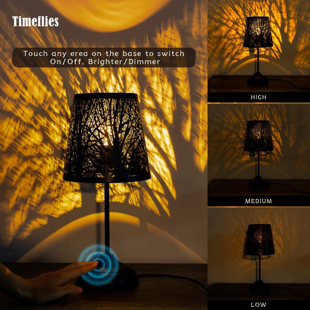 3 Level Dimmable Touch Table Lamp, Black Metal Tree Pattern Shadow Lamp, Smal...