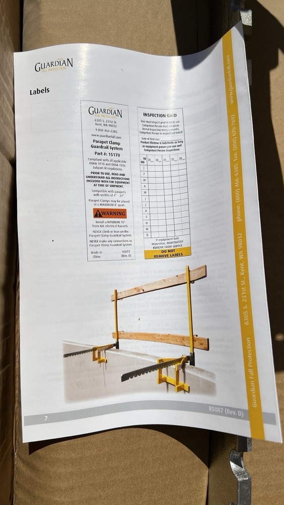 Guardian Fall Protection 15170 Parapet Clamp Guardrail System 1 Bracket + Post