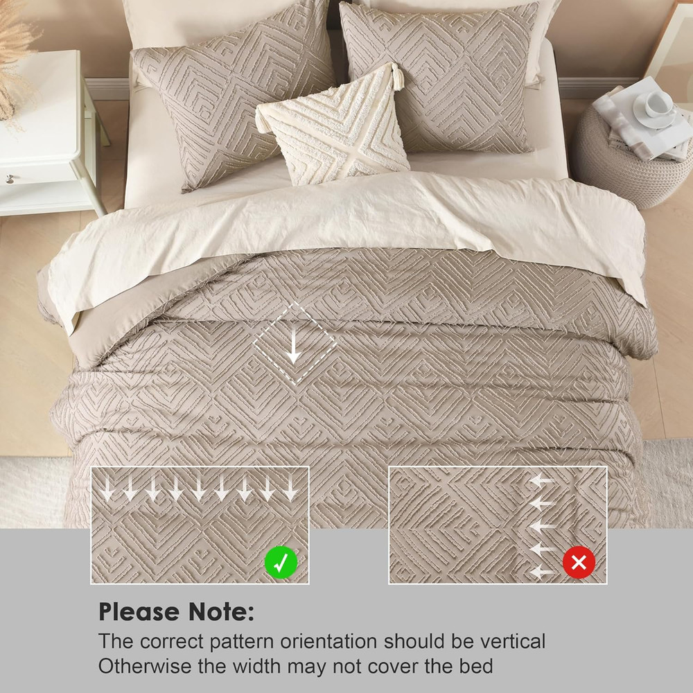 King Size Light Coffee Tufted Boho Comforter Set, 3 Pieces