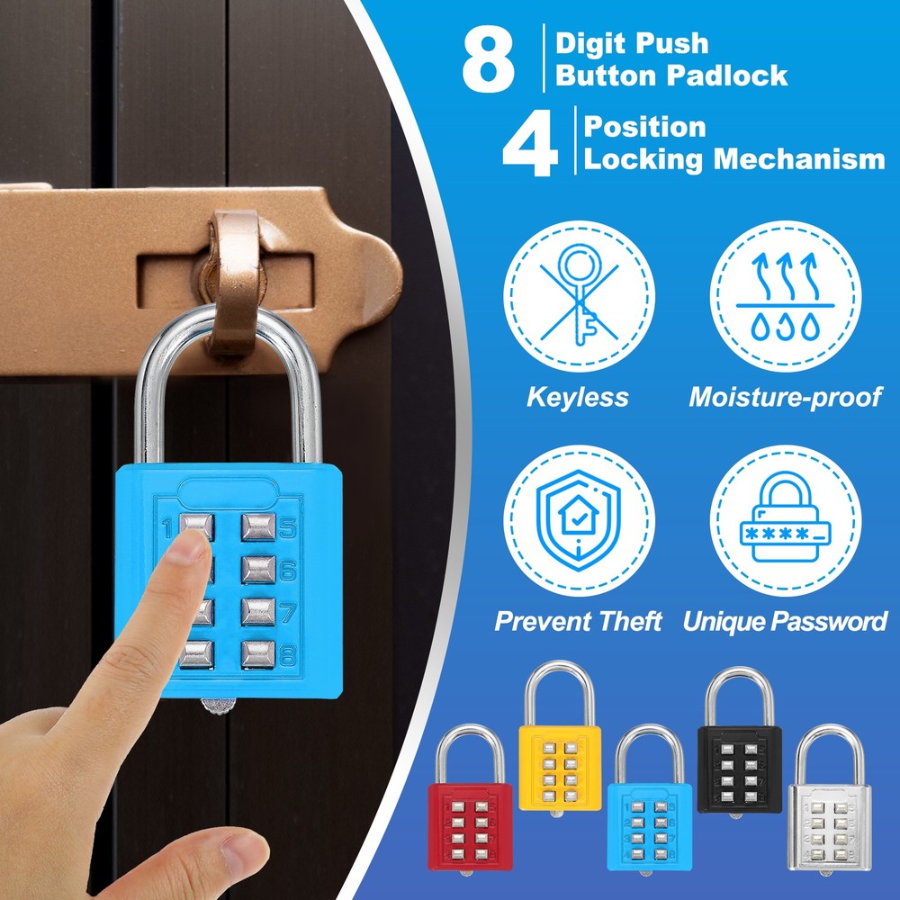 2Pcs Push Button Combination Padlock 8-Digit 4-Position Lock Lake Blue