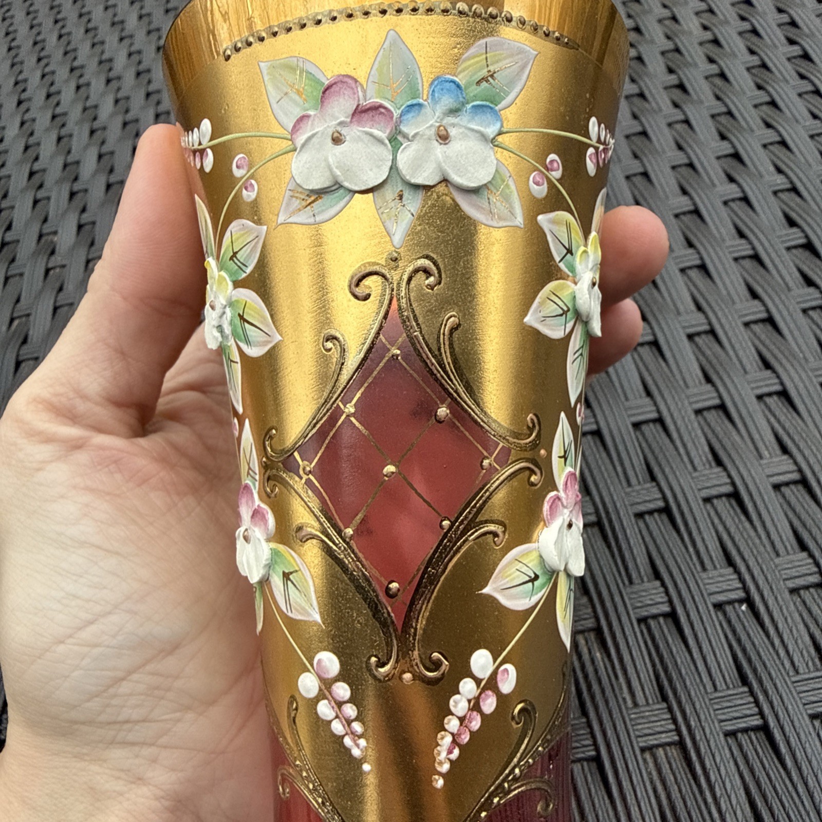 BOHEMIA CZECH REPUBLIC GOLD HIGH ENAMEL CRANBERRY HANDMADE CRYSTALEX VASE