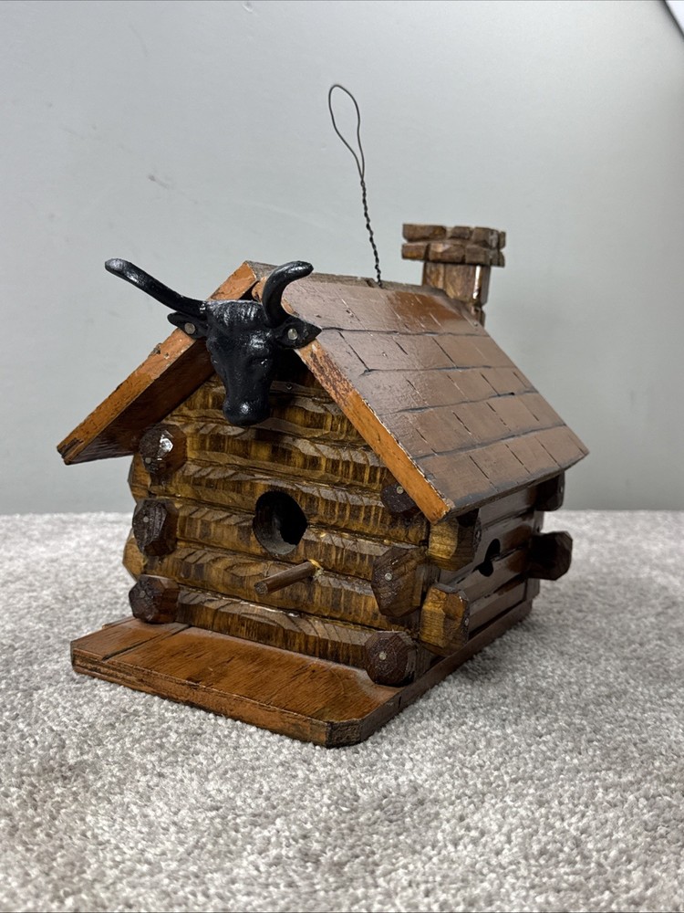 Rustic Log Cabin Bird House with Cattle Head