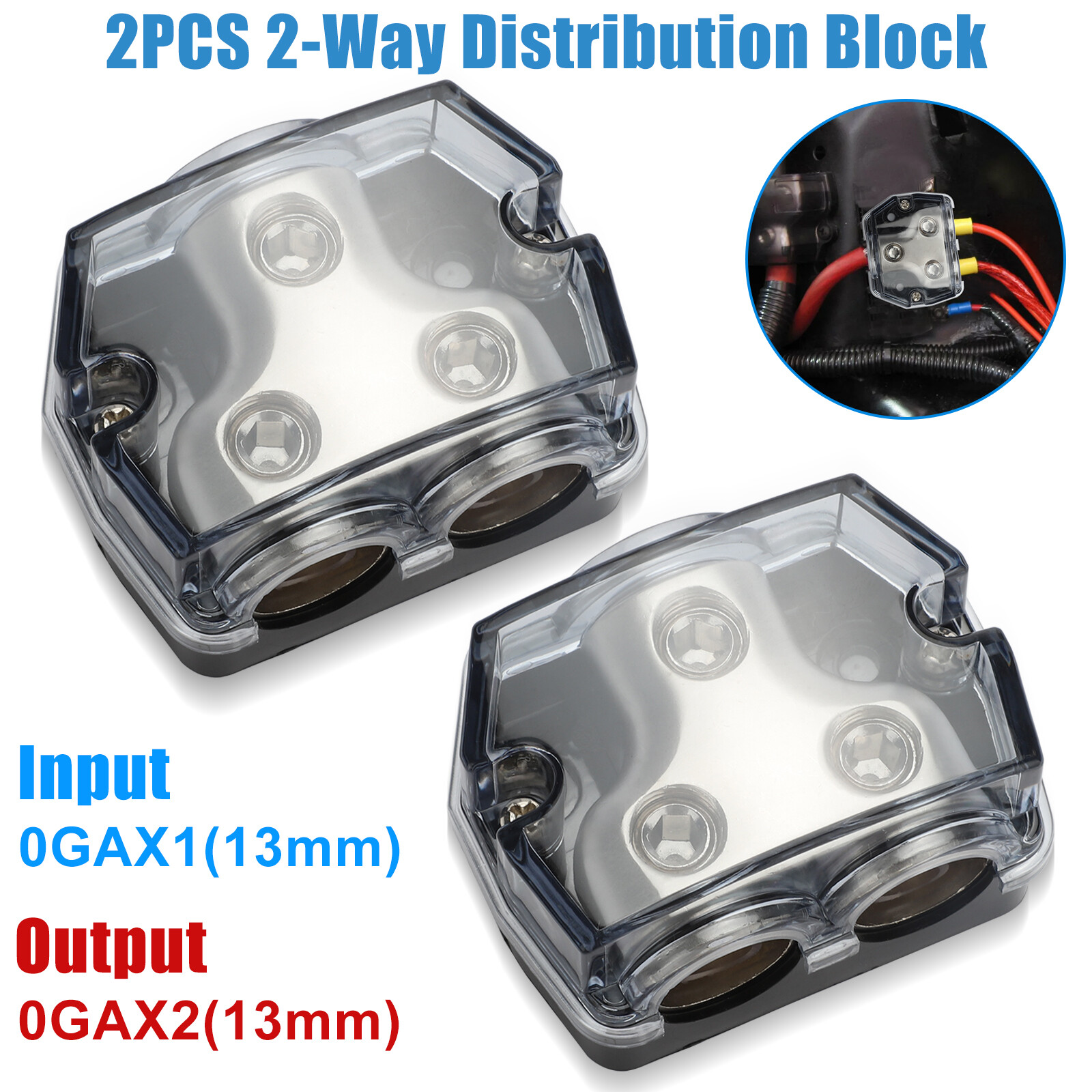 2-Way Distribution Block 0 Gauge In & Out Car Audio Amp Power Ground Distributor