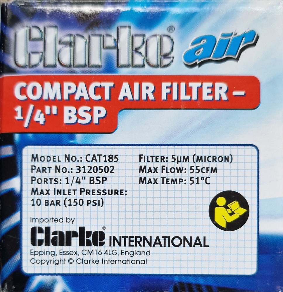 Clarke CAT185 1/4" Compact Airline Filter Water Trap Compressor Sample