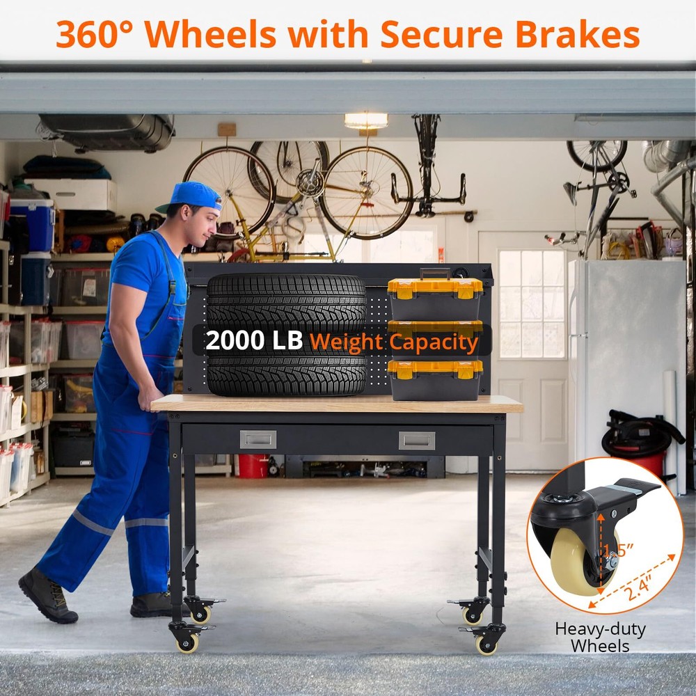 🔥48" Workbench Adjustable Height Workstation with Drawer Storage Backplate 2000