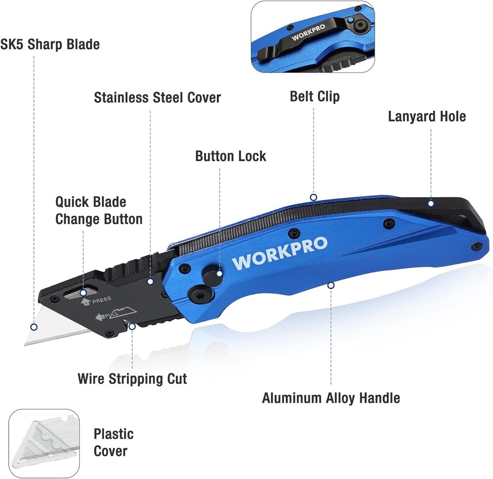 WORKPRO Blue/Red/Gray Folding Utility Knife Metal Quick Open Axis Lock Cutter US