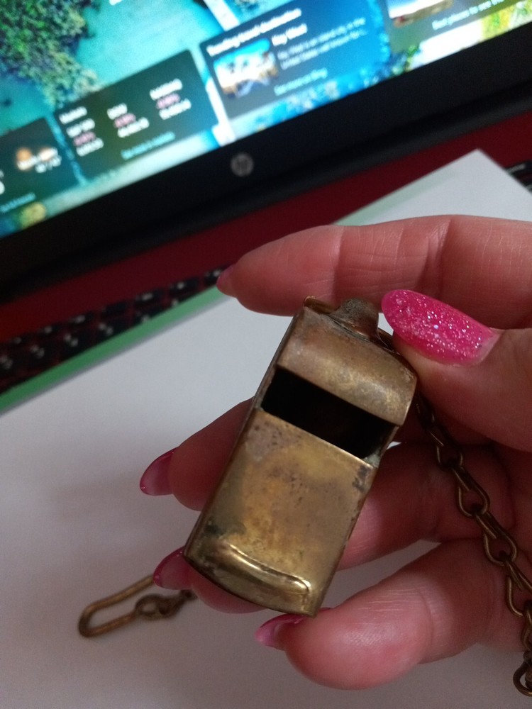 Antique Vintage Solid Brass Whistle USA w/Chain