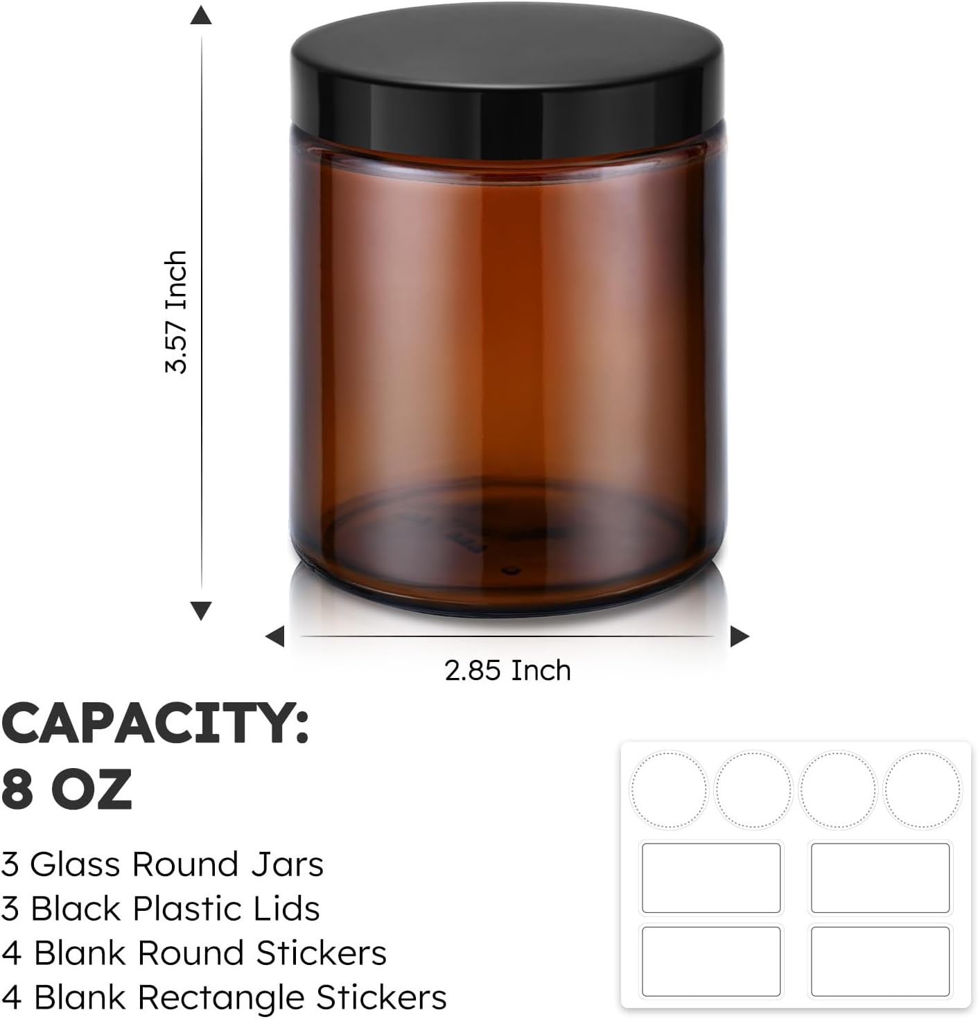 Tecohouse 8oz Amber Glass Jars with Lids, 3 Pack Candle Jars with Blank Labels,