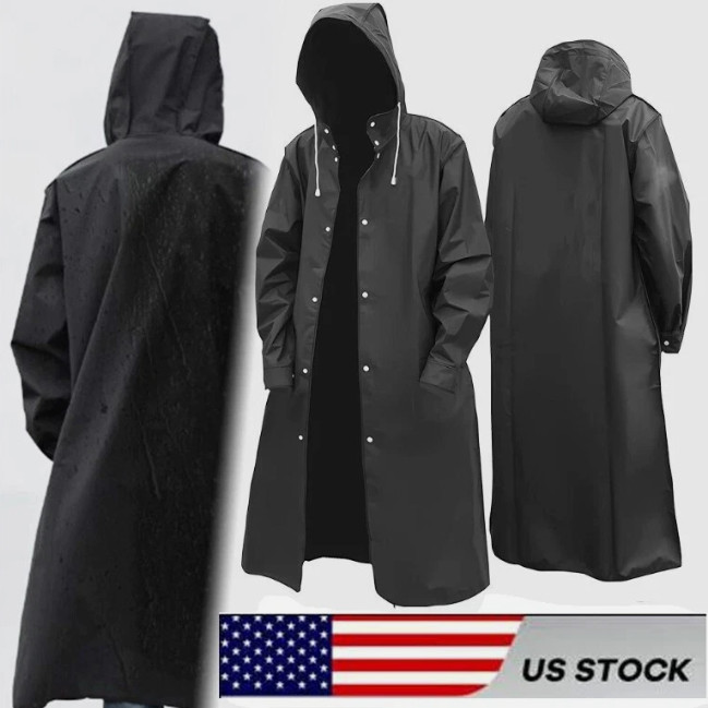 Men Black Waterproof Long Raincoat Hooded Trench Jacket Outdoor Hiking Rain Coat