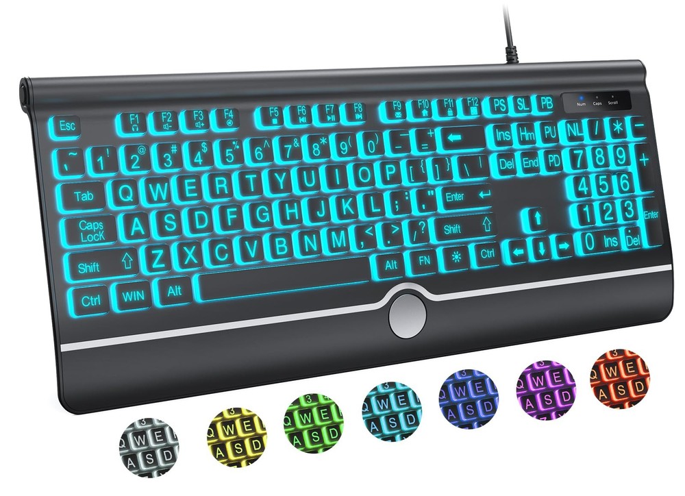 Computer Wired Keyboard, Large Print Backlit Keyboard with Wrist Rest, 7-Colors
