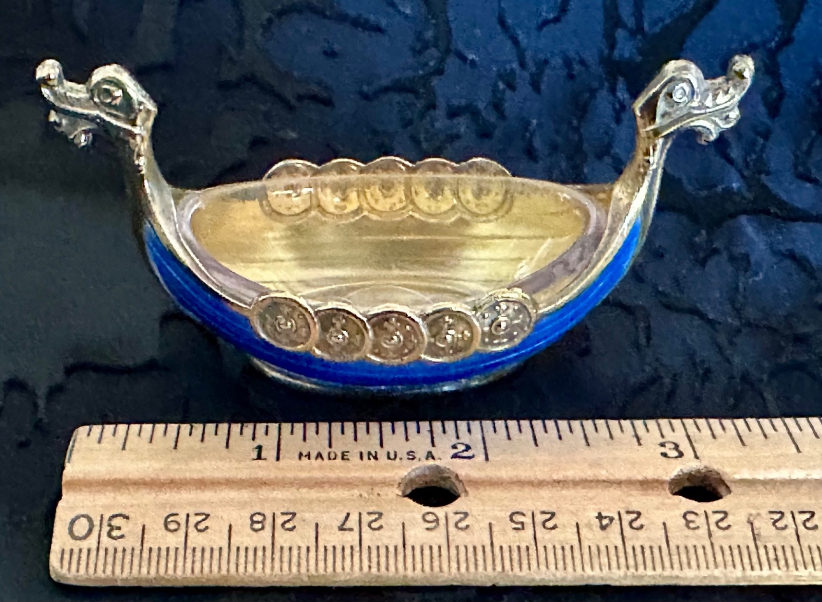 Theodore Olsen Norway Gilt Sterling Silver Blue Guilloche Viking Ship Salt