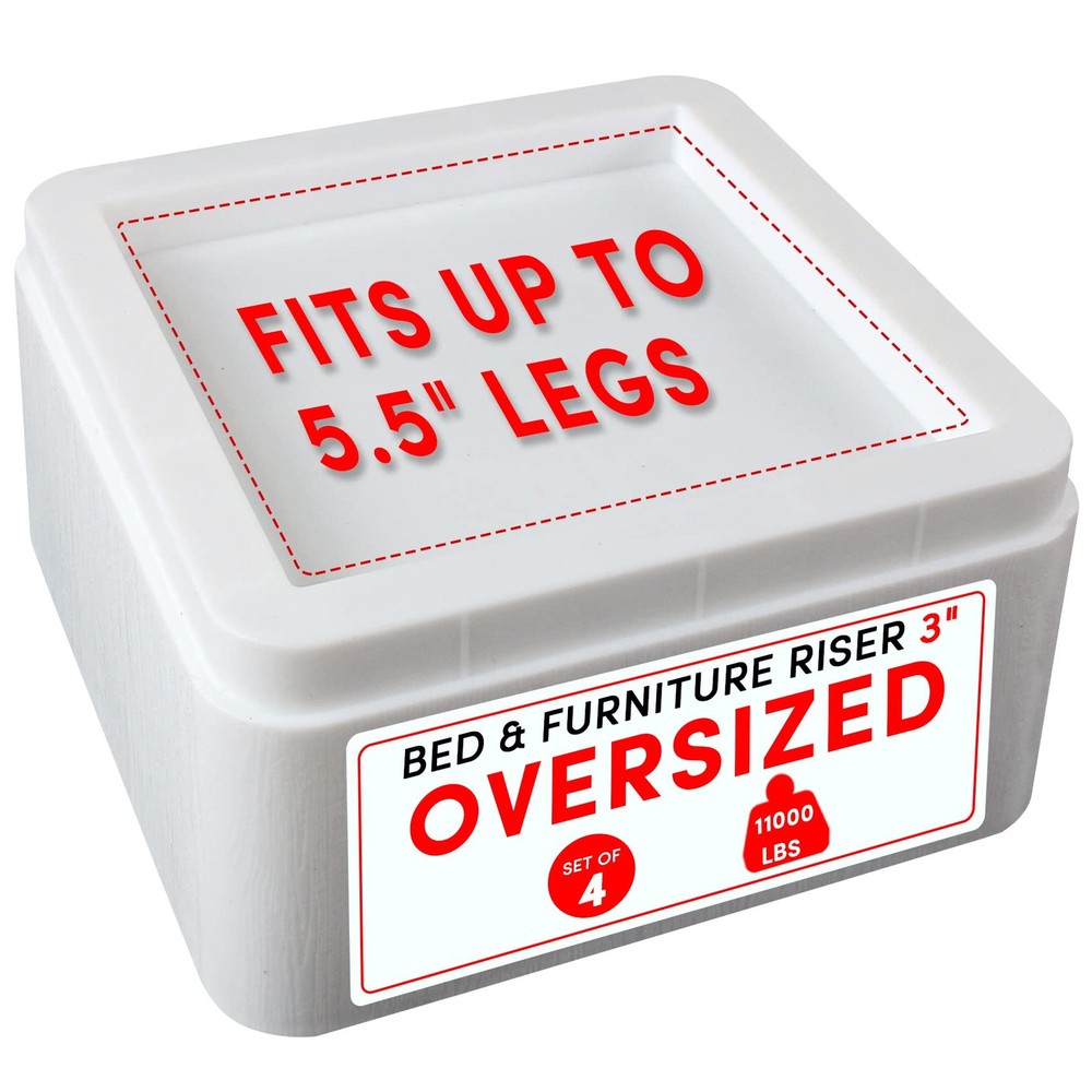 Oversized Bed Risers 4 Pack White Stackable 3 or 6 inch Heavy Duty Lifts