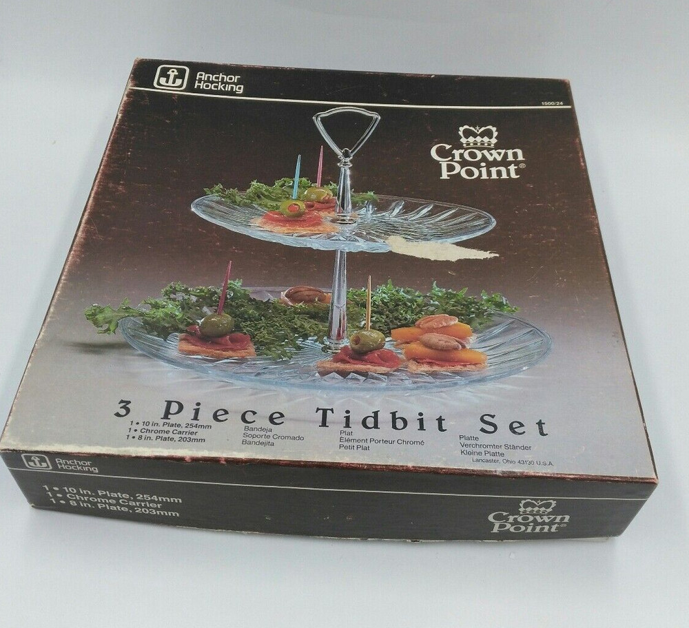 Anchor Hocking 3 Pc Tidbit Set serving Tray Crown Point Pattern