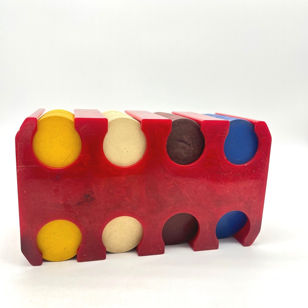 Vintage Red Marbled Bakelite Catalin Poker Chip Caddy Carousel with Chips & Box