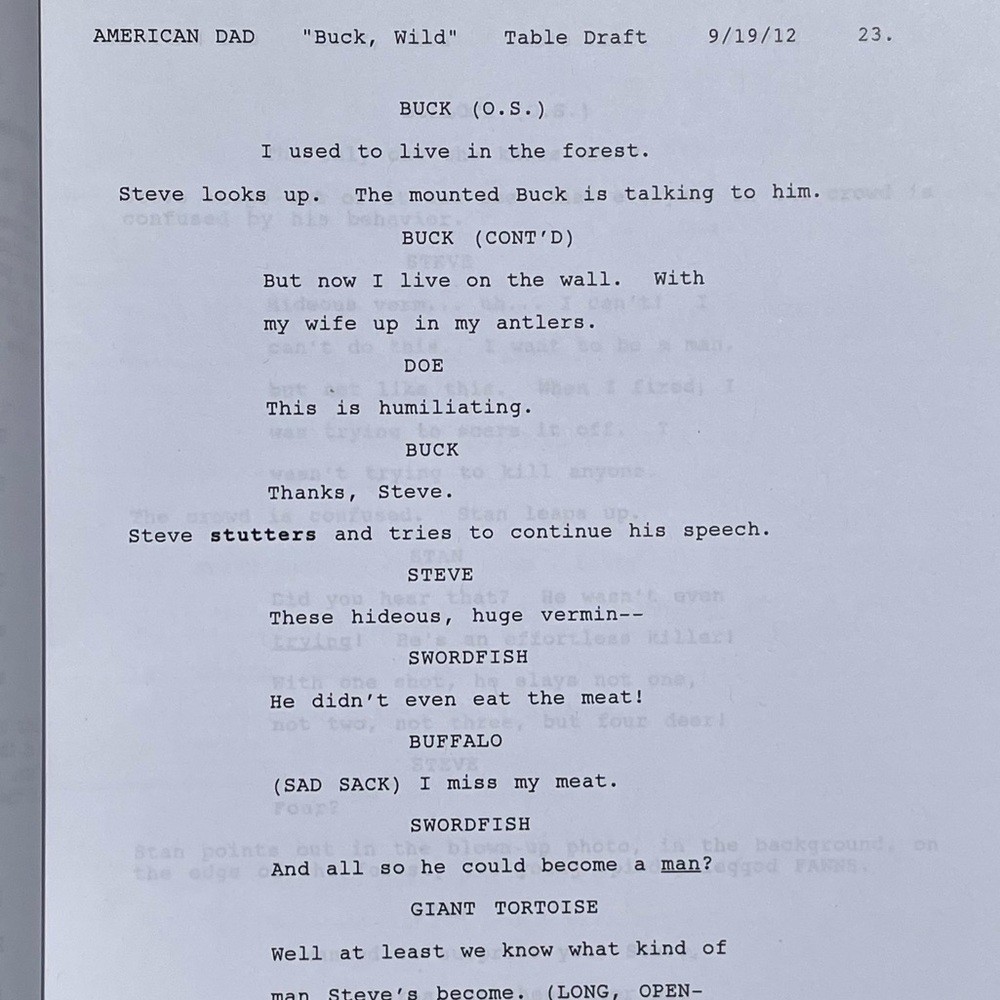 American Dad 2012 Buck, Wild Production Used Table Draft Script Seth MacFarlane