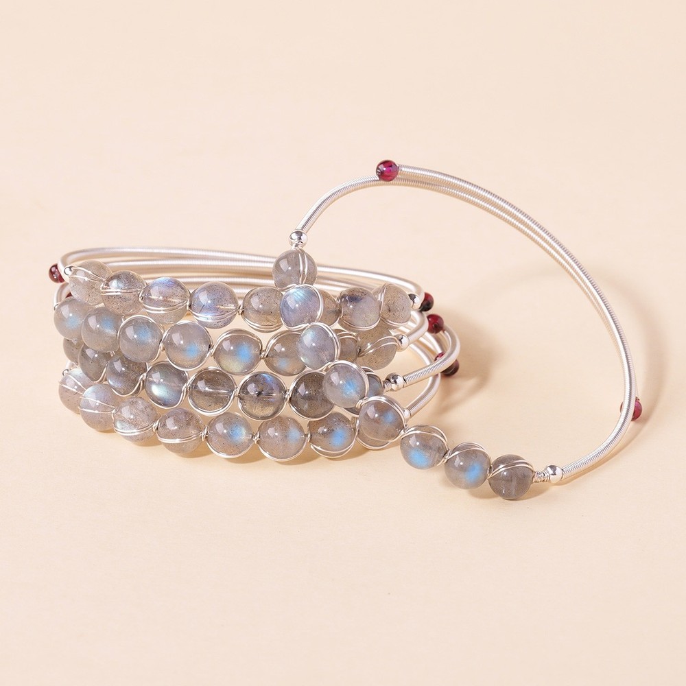 Labradorite Beaded Adjustable Silver Wire Bangle Healing Jewelry