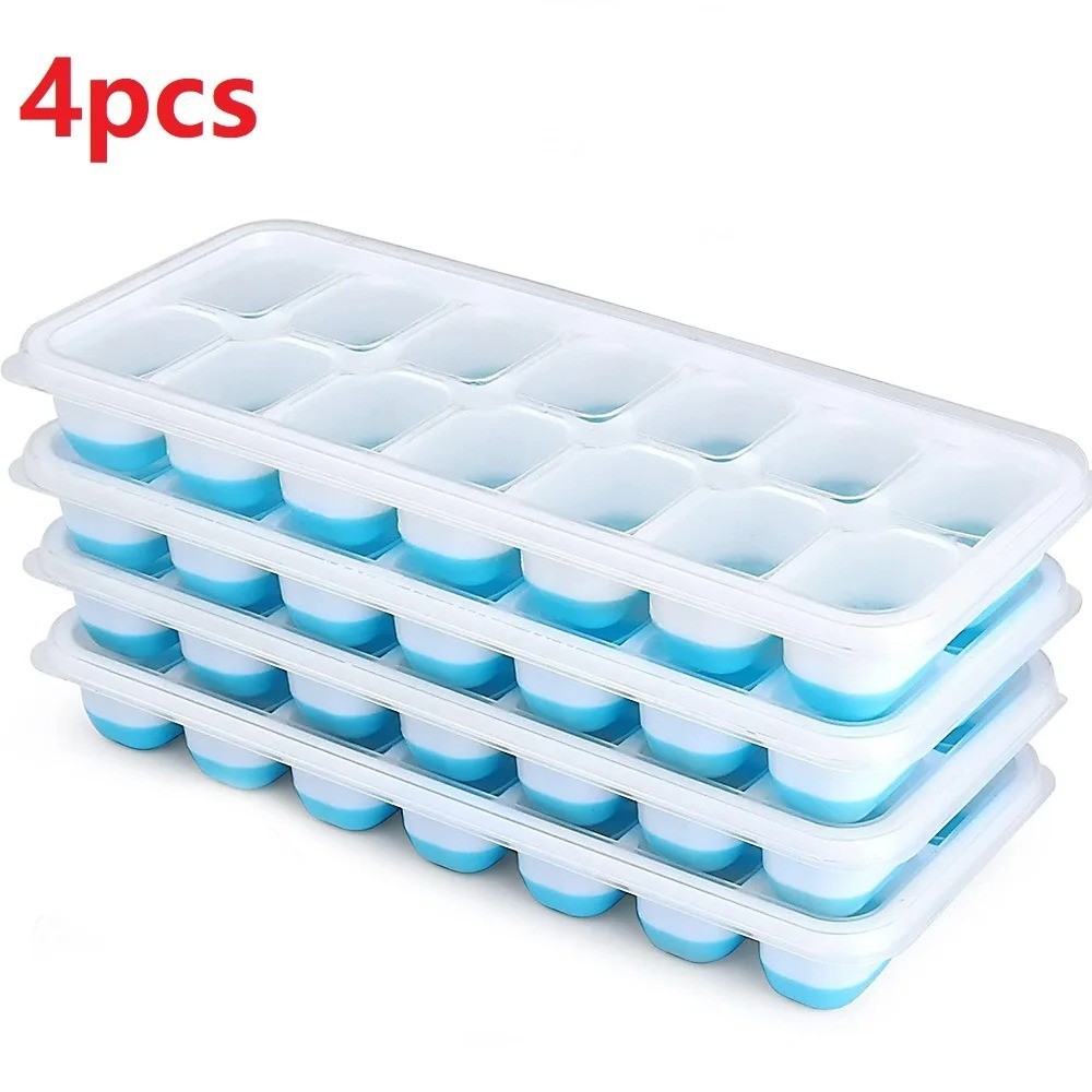 Ice Cube Tray, 4 Pack Silicone Ice Tray, 14 Ice Cube Molds with Lids, Stackable