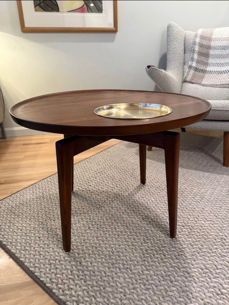1960s Jens Risom Solid walnut Round Table With Brass Tray Mid century