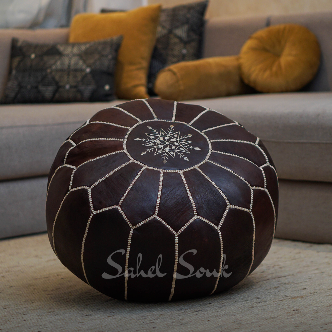 Moroccan Leather Pouf Unstuffed Moroccan Pouf Cover Boho Ottoman (Dark Brown)