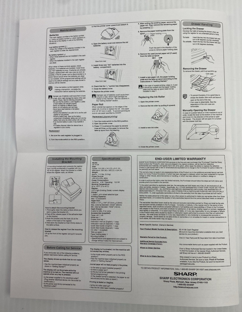 Sharp XE-A102 Cash Register Instruction Manual & Quick Start Guide Only