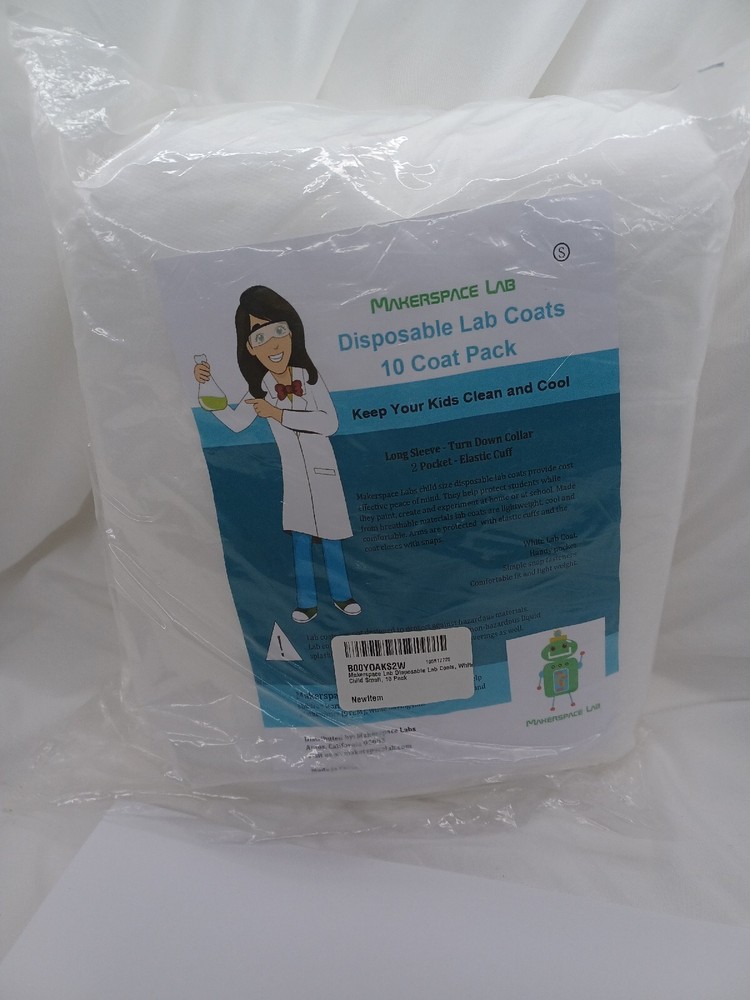 Makerspace Lab Disposable Lab Coats, White, Child size Small, 10 Pack Sealed